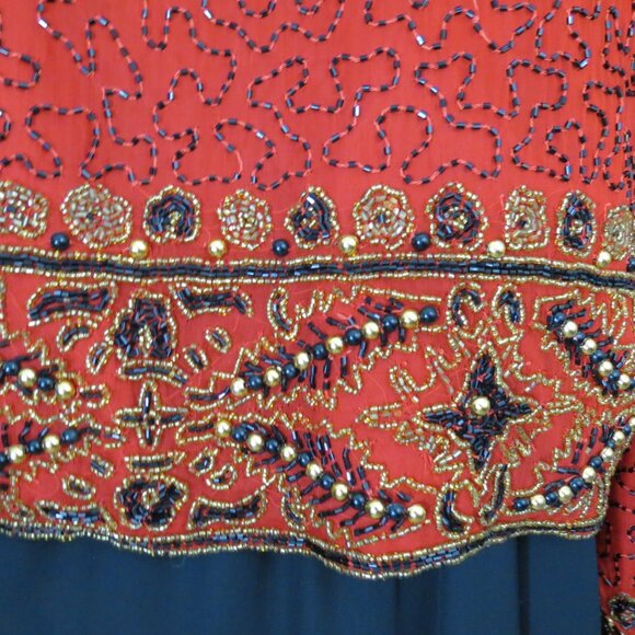 Laurence Kazar Red/Gold/Black Beaded Top Jacket Crop Silk Evening Formal Size XL - Picture 6 of 10